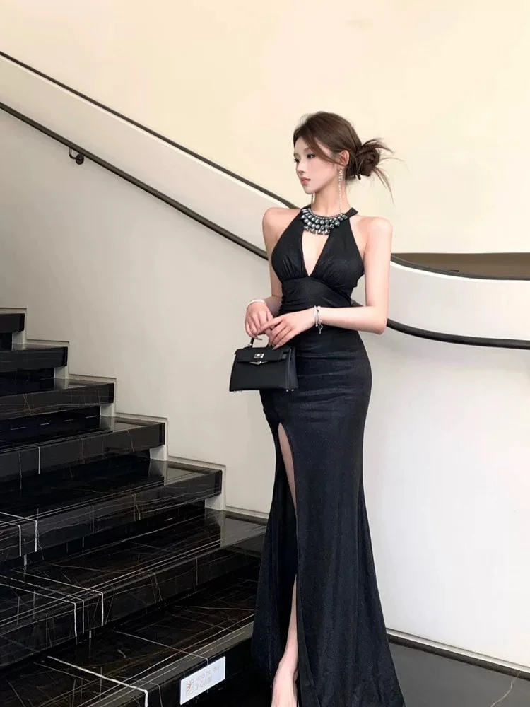 red乔 闪闪性感V领带钻修身开叉重工水钻美背挂脖