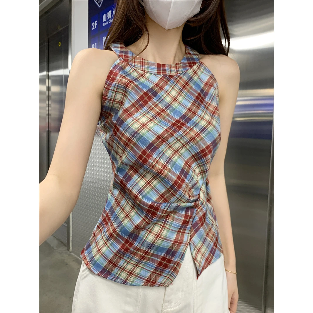 韩系复古格纹挂脖背心女夏季收腰显瘦不规则设计感小众超好看上衣