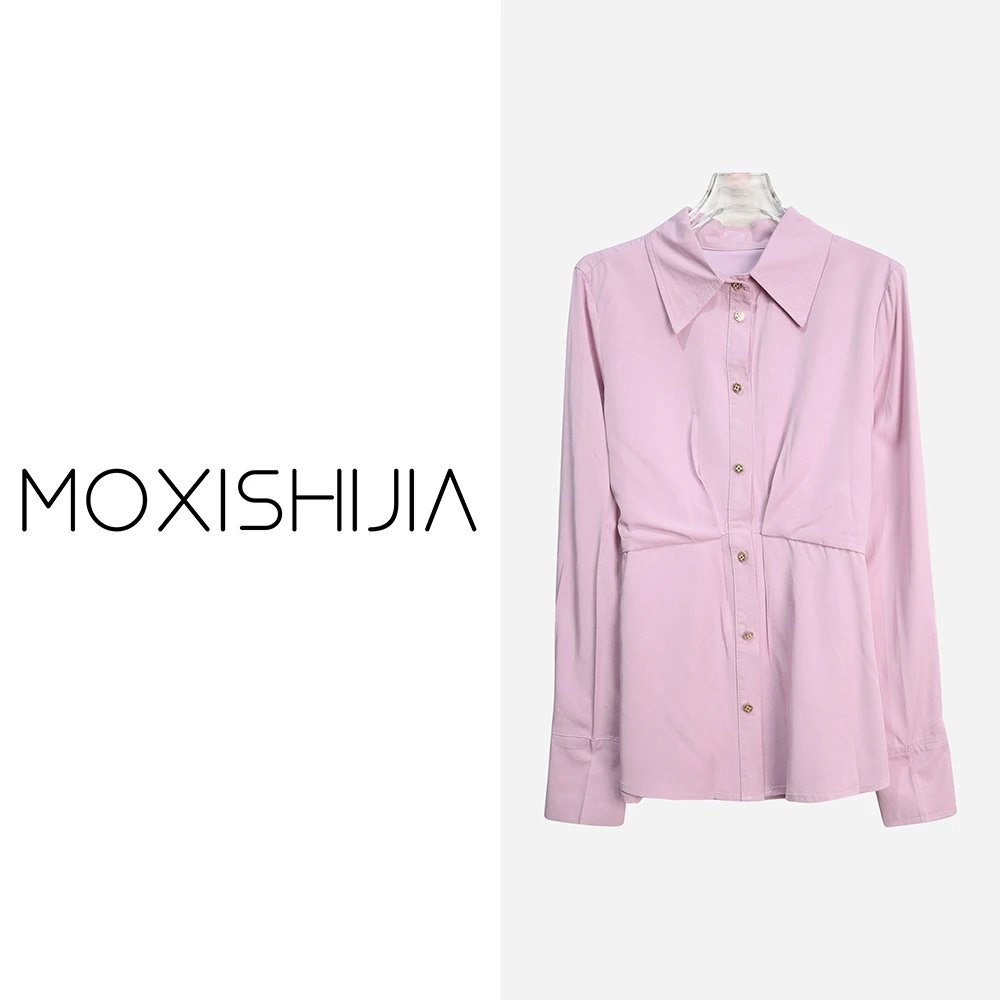 X6012-1休闲百搭设计感褶皱收腰纯色长袖衬衫