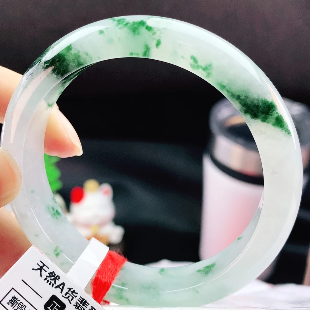 未镶嵌手镯翡翠56+冰透绿花翠