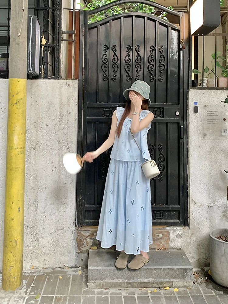 【诗语专属】CHALAN姹蓝 夏季甜美可爱花边镂空绣花宽松两件套