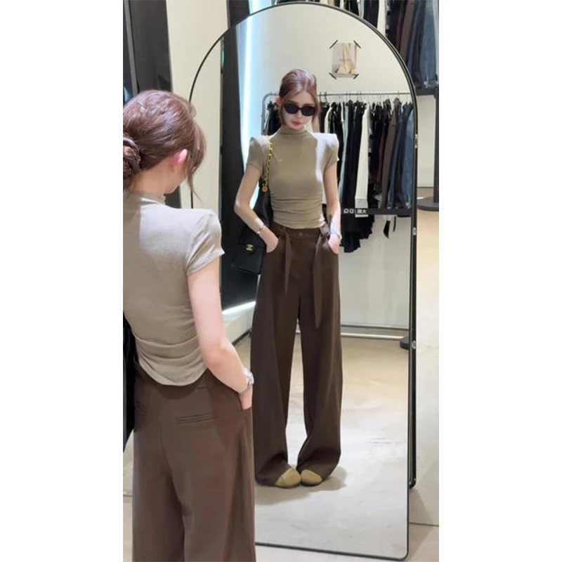 parkyeon早秋新款半高领垫肩内搭T恤上衣高腰宽松阔腿休闲裤套装