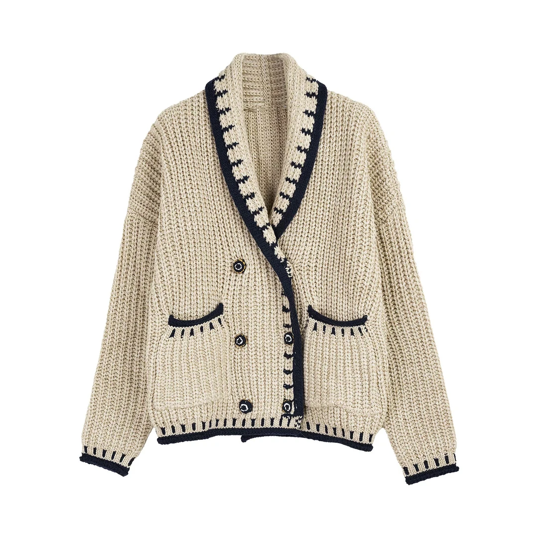 复古慵懒秋冬撞色青果领针织开衫毛衣外套女2501057