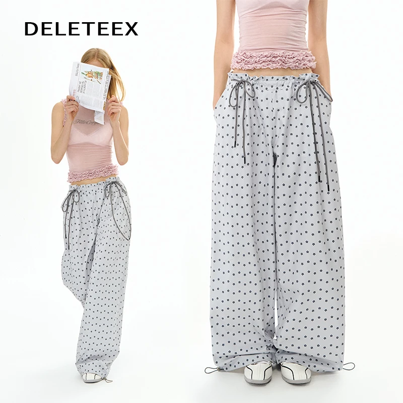 Deleteex原创悠然假期系列灰色小花波点夏季抽褶宽松印花休闲裤