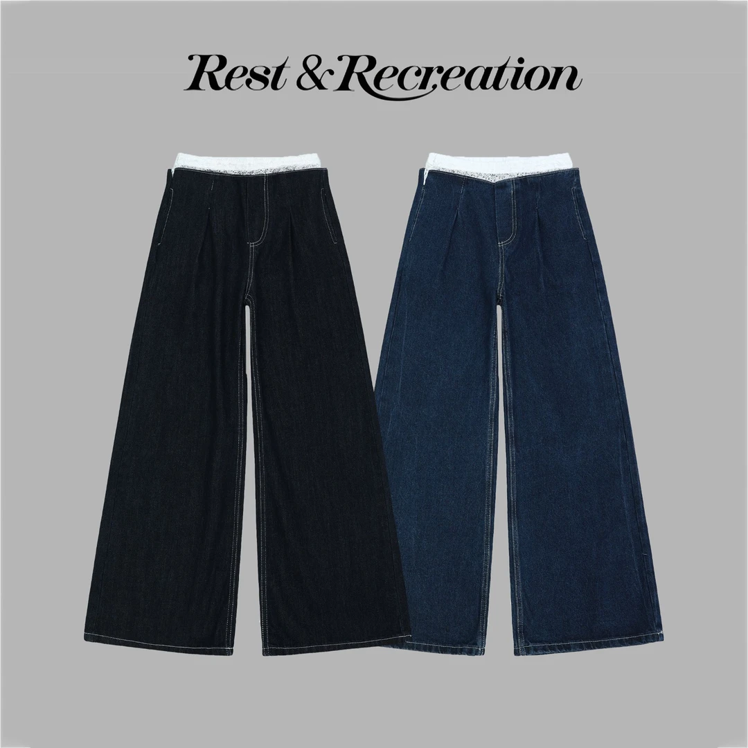 韩国Rest&Recreation蕾丝花边牛仔裤女宽松高腰阔腿夏季牛仔裤