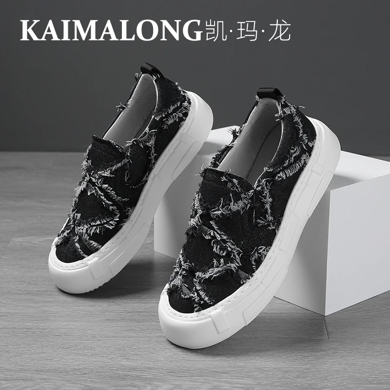 凯玛龙小众轻奢夏季透气男鞋帆布鞋休闲夏季潮低帮厚底一脚蹬板鞋