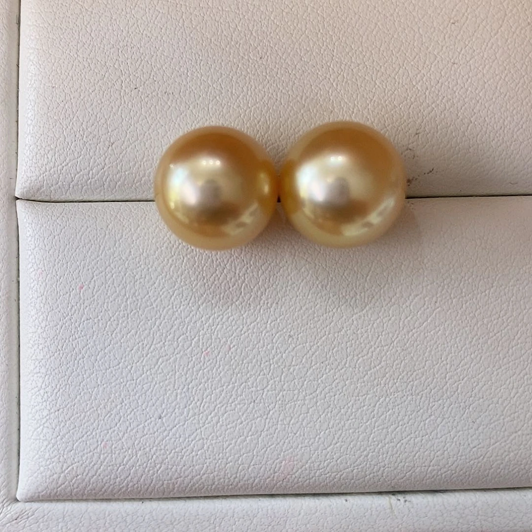 海水珍珠耳饰18K金镶嵌南洋金珠11-12m m