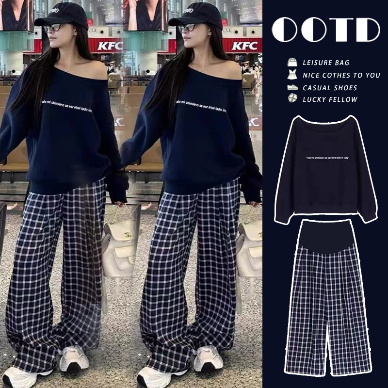 孕妇装秋季2025韩系高级感孕期穿搭时髦舒弛感斜肩百搭阔腿裤套装