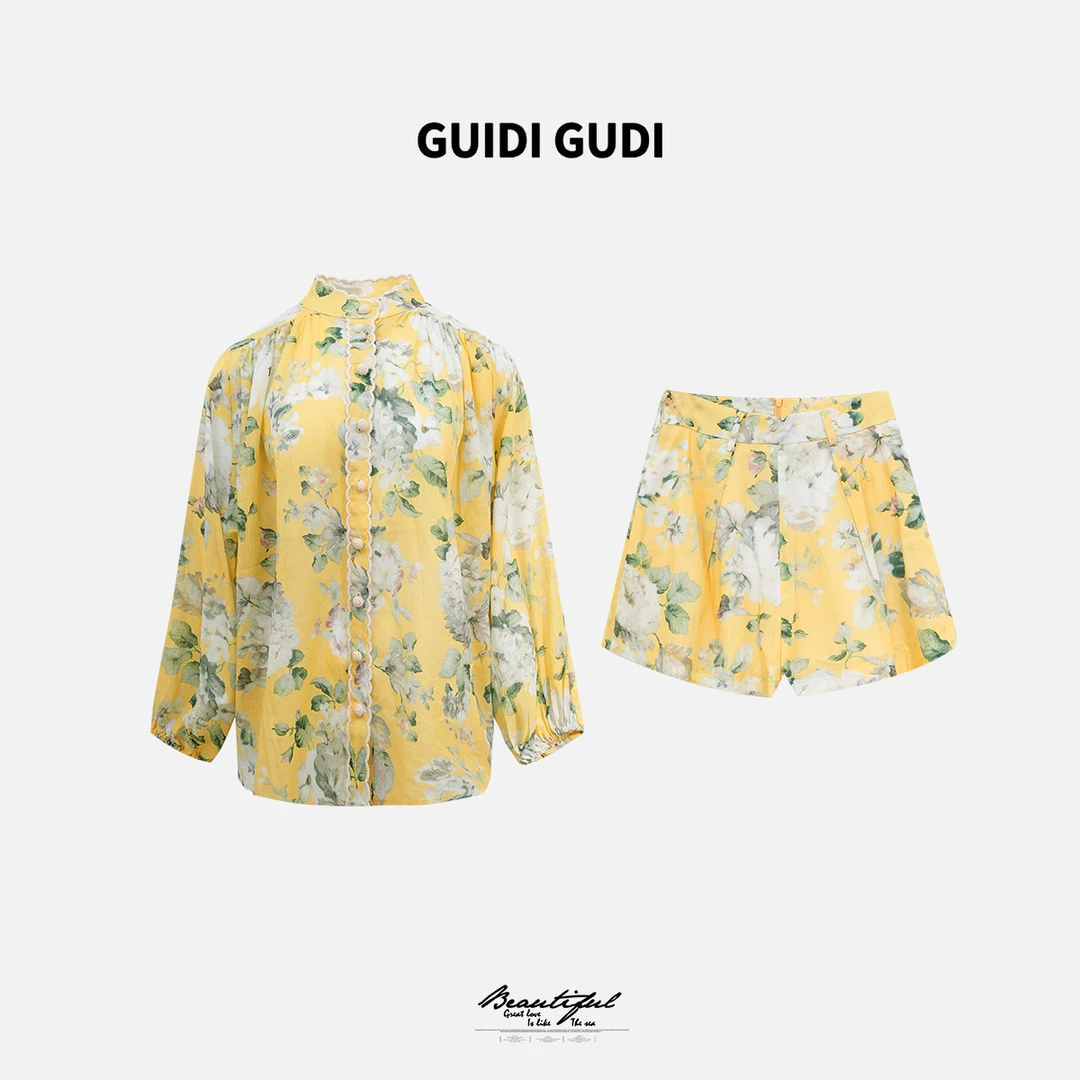 GUIDI GUDI【山花黄】黄加蓝两件套衬衫+短裤套装