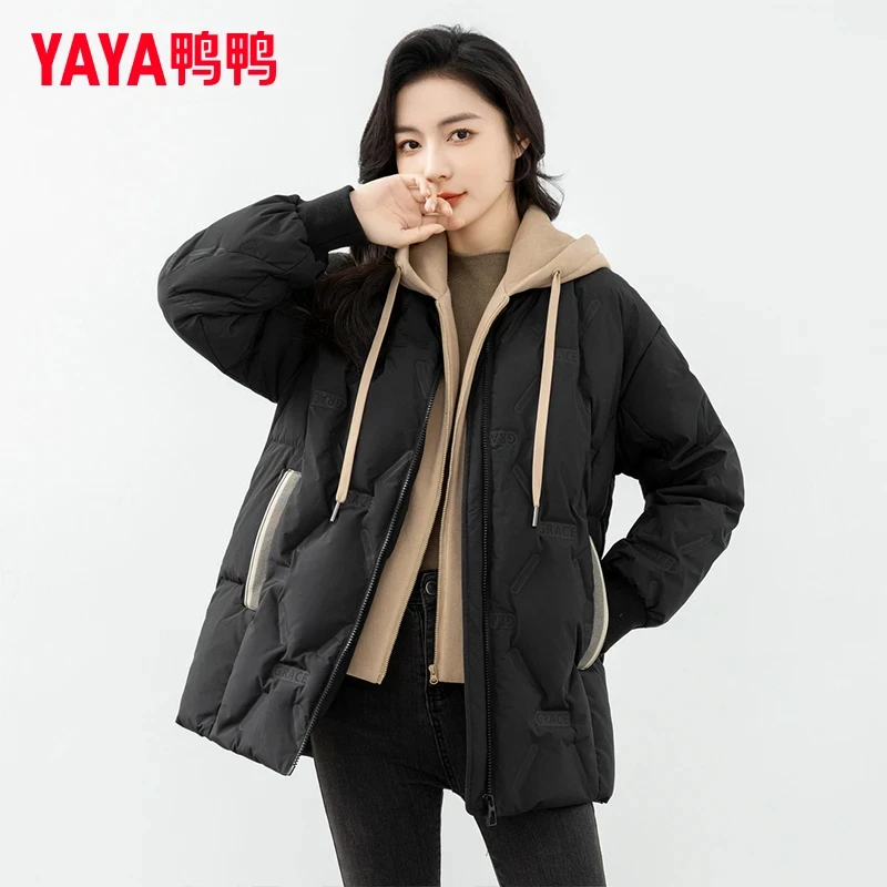YAYA/鸭鸭假两件羽绒服女新款冬季中长款保暖宽松外套YE3B635075L