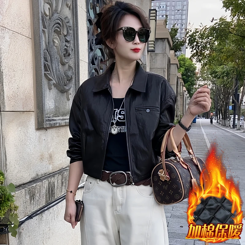 加棉加厚时尚百搭短外套女2025年冬季新款工装风翻领拉链开衫外套