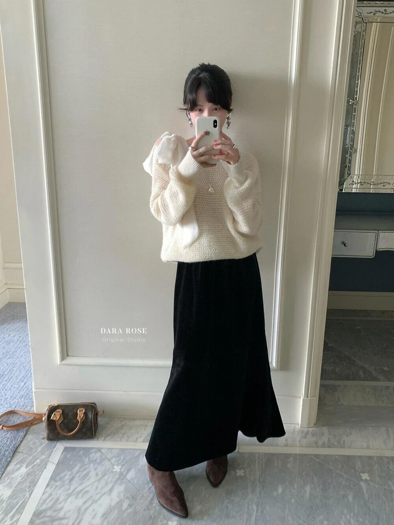 2025秋季法式气质时尚长袖套头款毛衣高腰修身显瘦半身裙两件套