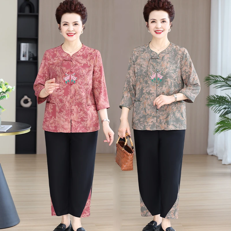 妈妈夏装套装老年人衬衫女时尚两件套奶奶装夏季中袖洋气老人衣服