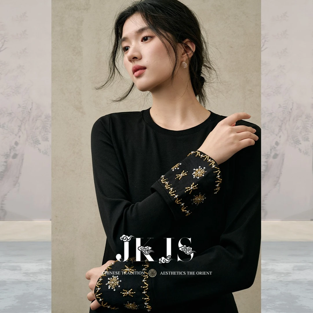 JKJS【墨韵黑】莫代尔T恤新中式长袖上衣女2025新款爆款修身显瘦