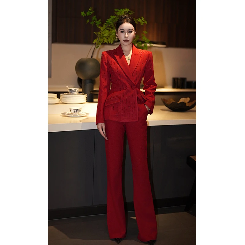 女总裁职业西装套装重工烫钻商务名媛气质正装高级感西服套装红色