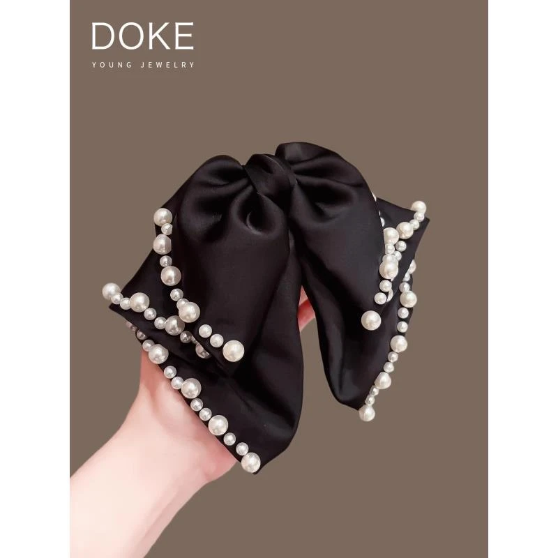 法式珍珠飘带气质蝴蝶结抓夹女高级感马尾夹子后脑勺半扎发鲨鱼夹