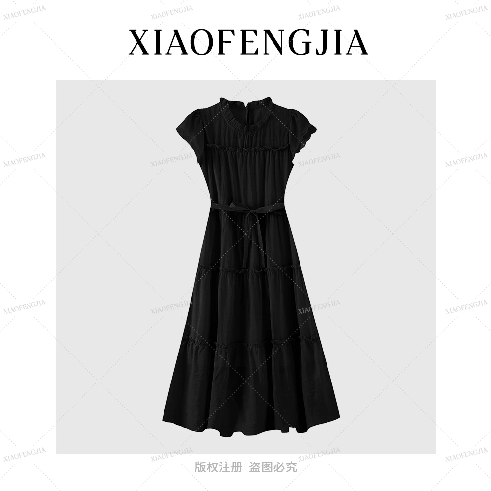 轻奢高级感黑色小飞飞袖连衣裙女夏季新款木耳边收腰显瘦无袖长裙