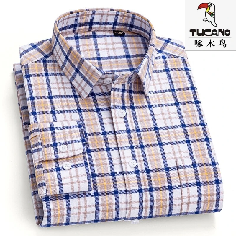 啄木鸟100%纯棉磨毛男士长袖衬衫春秋季中青年加大码全棉格子衬衣