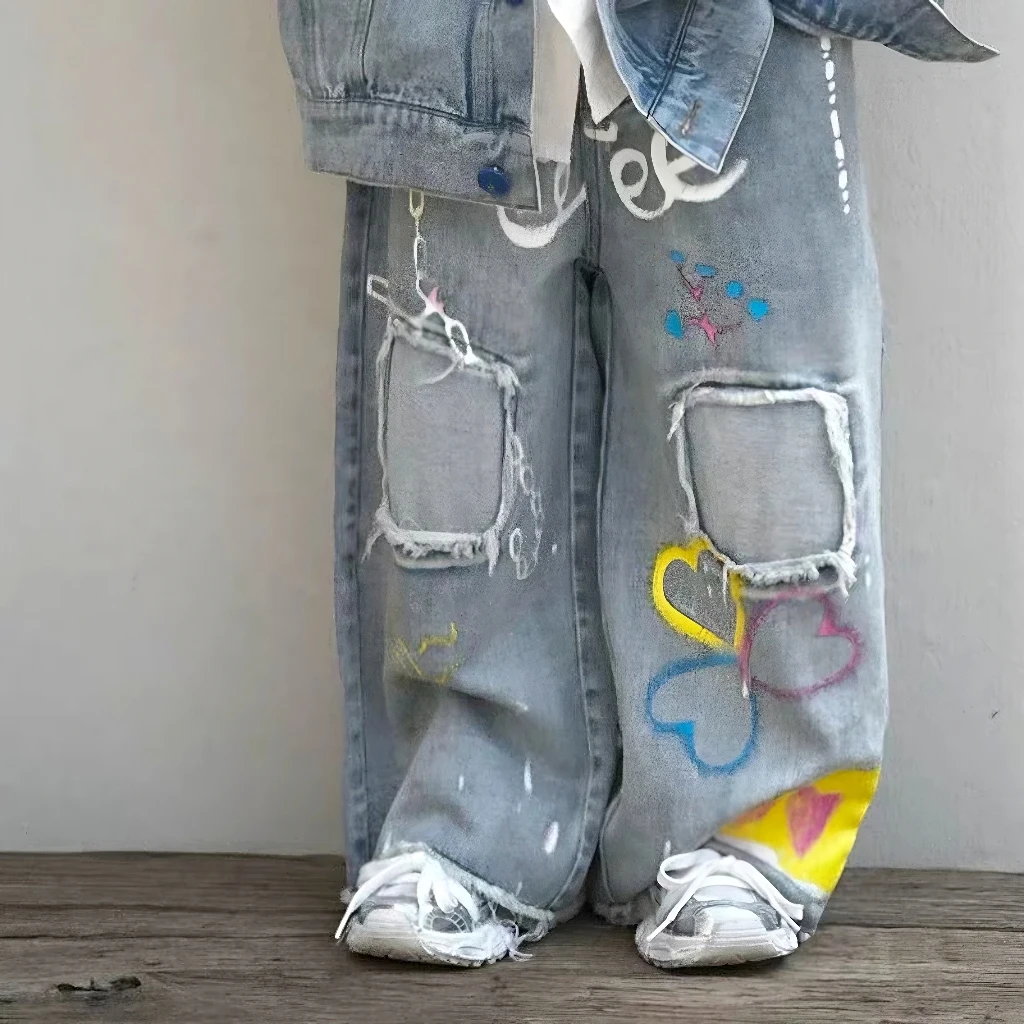 男童春夏季牛仔直筒裤薄款儿童休闲宽松破洞印花韩版长裤阔腿裤