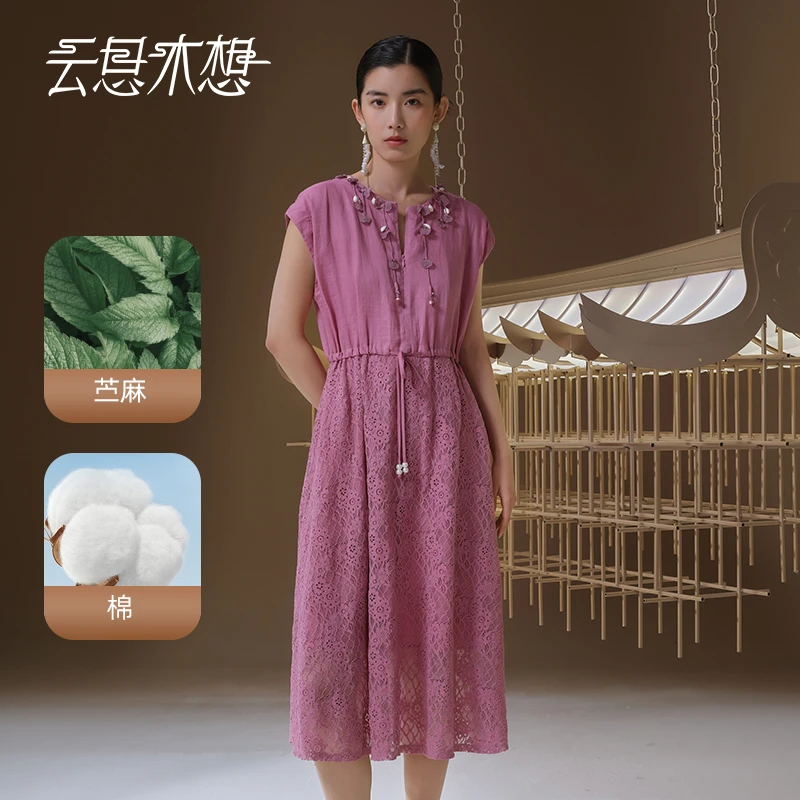 Ysimo-X云思木想扇月轻舞 优雅绣扇贝腰间抽绳100苎麻连衣裙12825