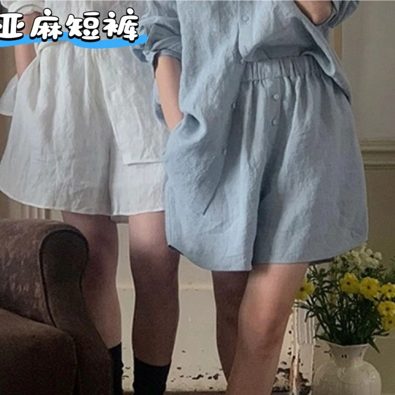 5185【松弛感花瓣短裤】H韩单雨露亚麻扣子花瓣短裤百搭显瘦A字弧形