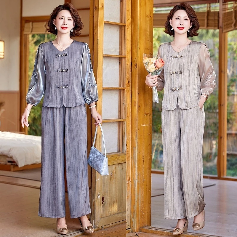 妈妈装春夏季洋气中老年女装显瘦雪纺休闲两件套套装