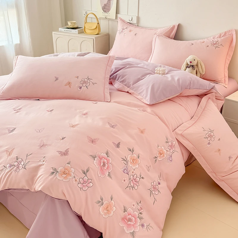 轻奢高端A类长绒棉全棉四件套纯棉花卉绣花被套床单床笠床上用品4