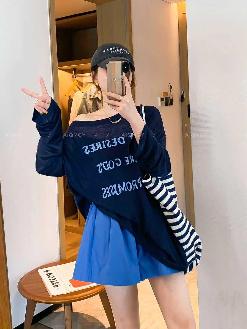 字母印花长袖T恤2025夏季新款女慵懒风洋气显瘦百搭薄款上衣