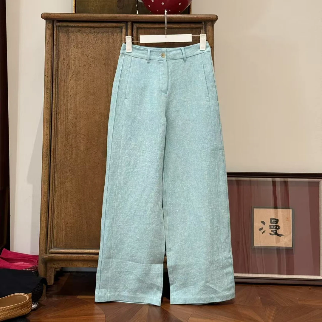MYL 2025年夏季新款亚麻蓝色休闲裤直筒休闲百搭时尚直筒裤