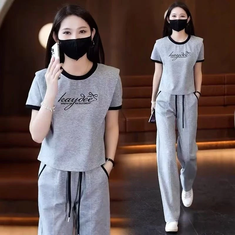 韩版时尚套装女2025夏季新款休闲撞色圆领小个子上衣阔腿裤两件套