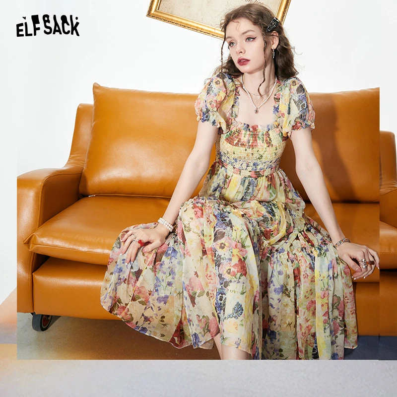 妖精的口袋 花园落日 秋款法式方领连衣裙高腰拼接裙摆复古裙百搭