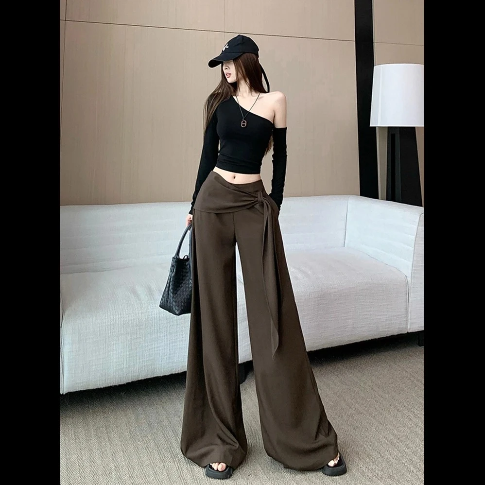 美拉德咖色阔腿裤女早秋新款松弛感高腰绑带显瘦拖地休闲长裤
