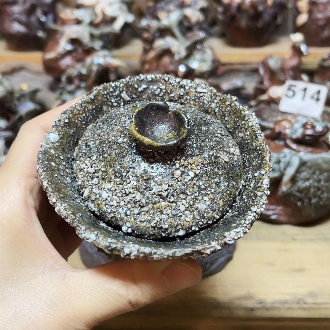 杯柴烧石头手捏盖碗