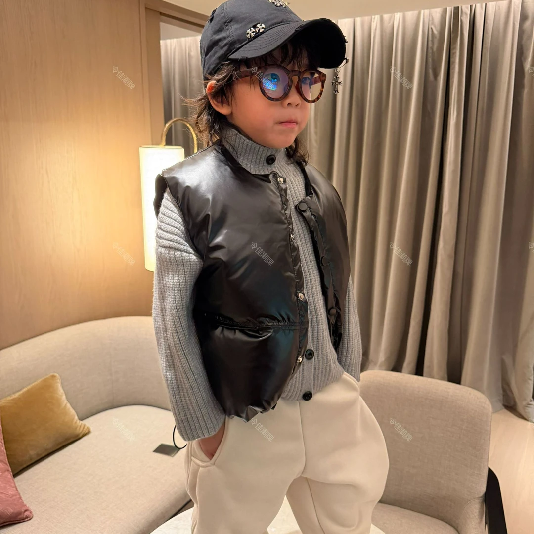 令佳潮牌秋冬儿童中性百搭黑色亮面夹棉马甲保暖洋气宝宝外穿3235