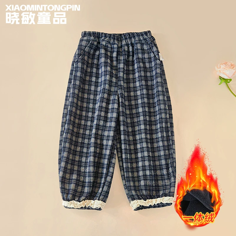 儿童童装儿童衣服加厚女童加绒裤子花边格子休闲裤XM2343