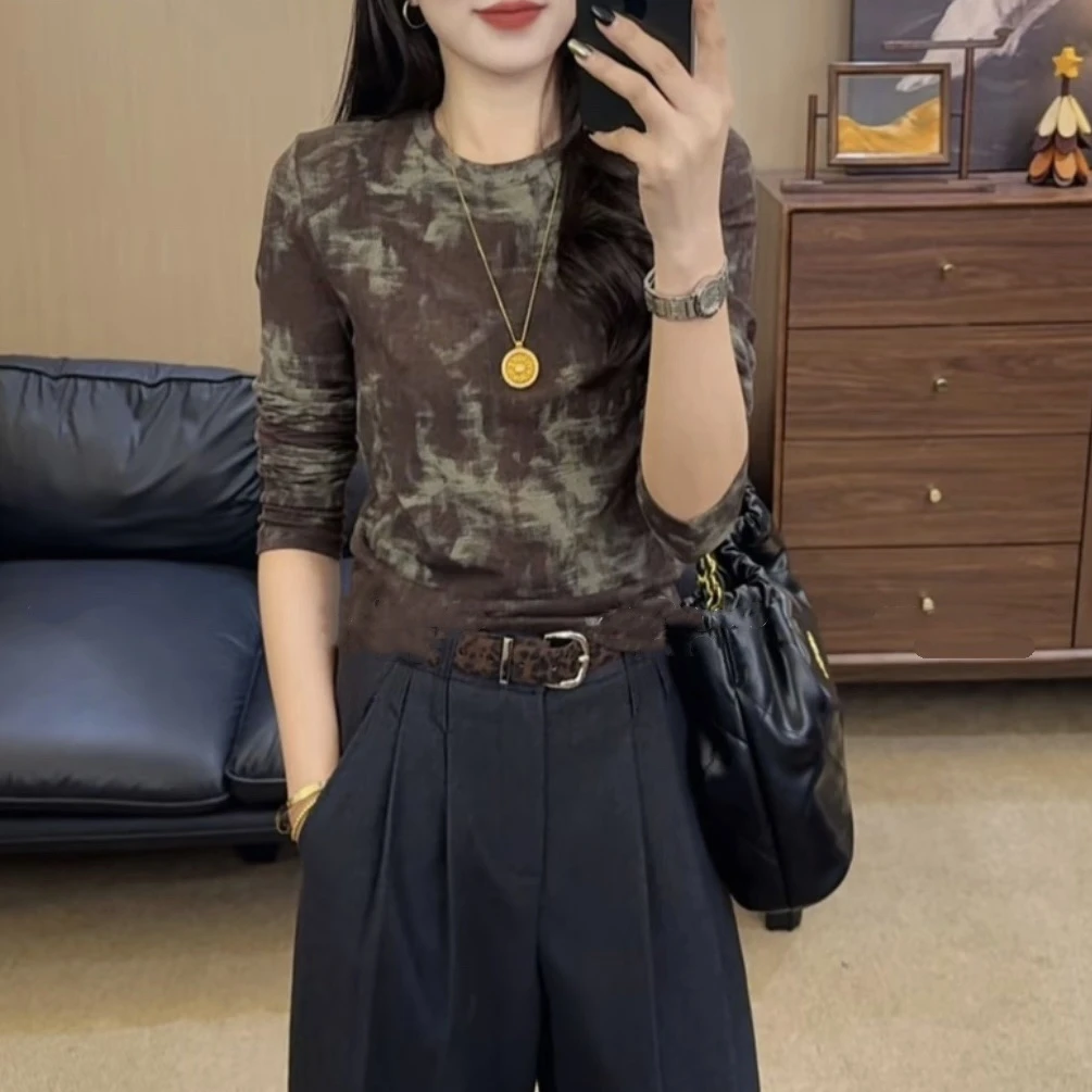 设计感时尚扎染别致长袖T恤女早秋新款洋气休闲显瘦潮流百搭上衣