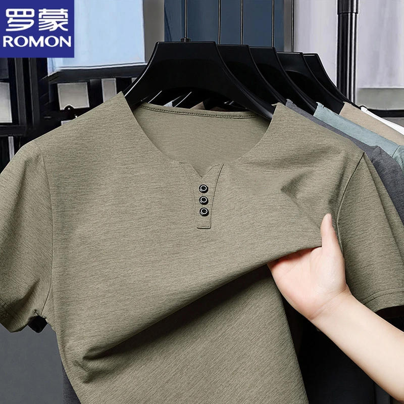 罗蒙夏季薄款男士纯色短袖T恤吸湿排汗商务休闲中年速干上衣男装