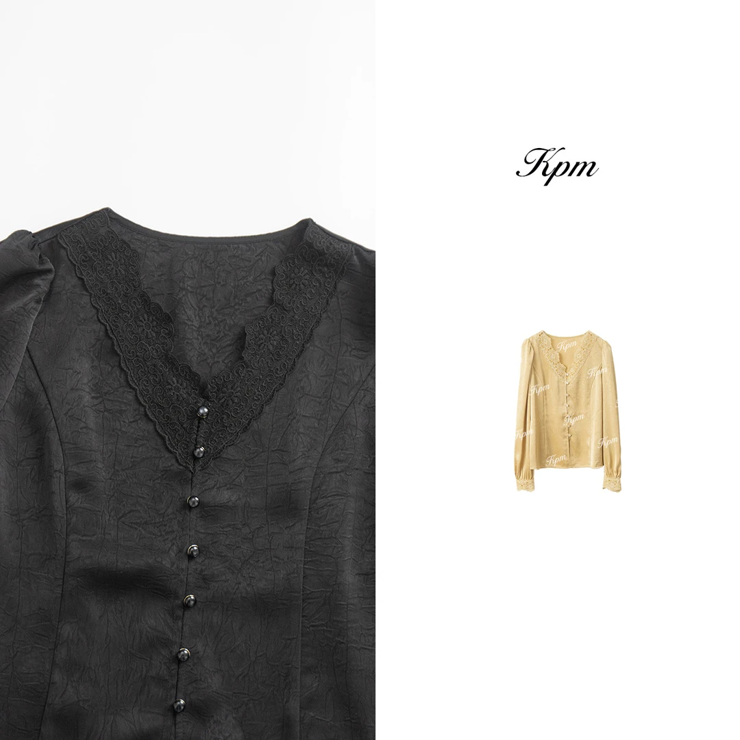 2025新款法式复古V领长袖蕾丝衬衫名媛设计感小感上衣拼接JN6998