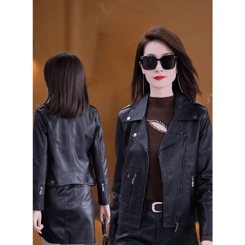 高档修身皮衣A111春季新款外套西装领水洗拉链长袖机车时尚夹克