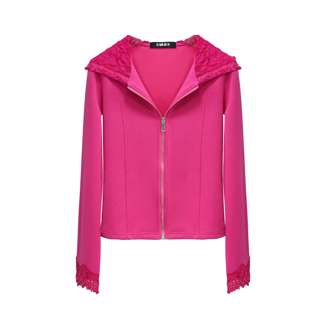 丹丹【UKKUSTUDIO】春季新款修身玫红色显白透气连帽开衫卫衣513548