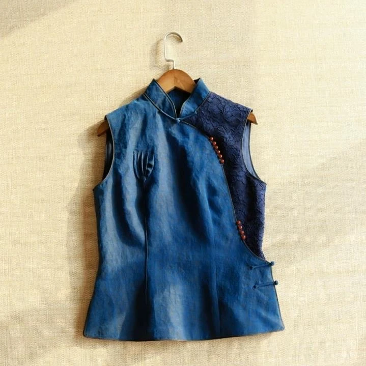 女装夏季无袖马甲复古宽松马夹中国风立领提花上衣文艺中式斜襟