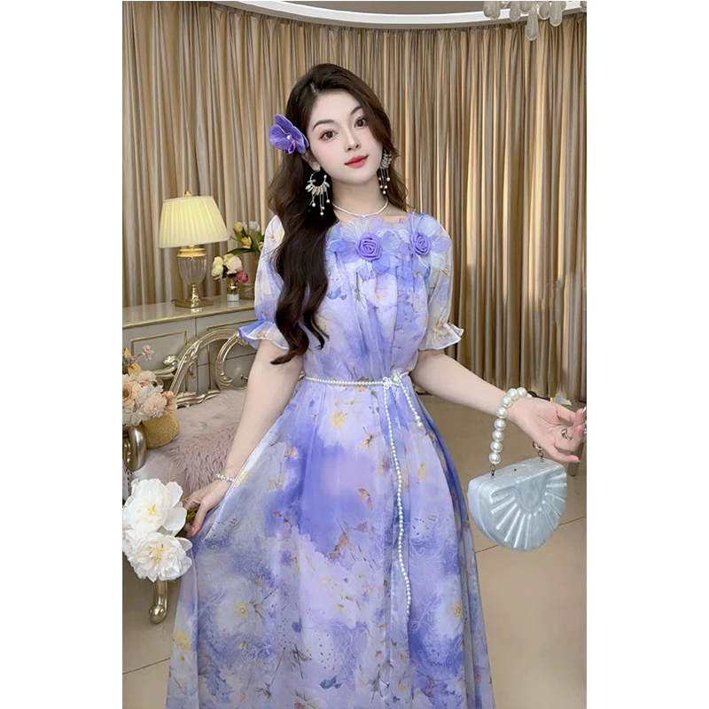 2025新款玫瑰花一字肩连衣裙温柔收腰长裙均码