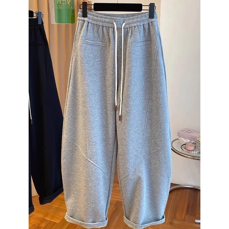 高级感灰色弯刀阔腿裤女春秋季新款宽松高腰遮肉哈伦裤时尚耐磨棉