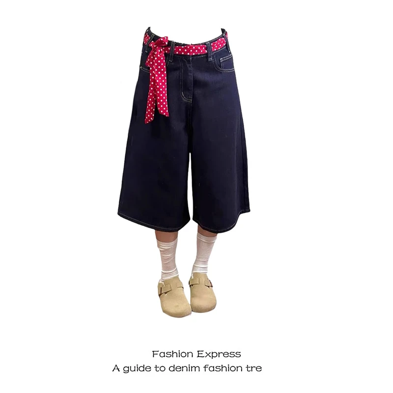 美式复古深蓝色高腰七分牛仔裤女小众设计感系带百搭直筒阔腿中裤