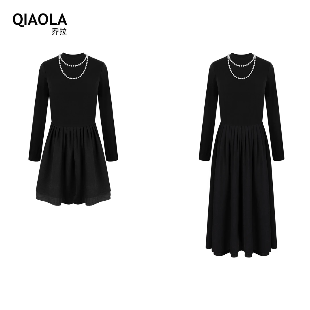 QIAOLA/乔拉【夜阑明珠】秋冬款双面绒拼接梭织A字版珍珠连衣裙预售