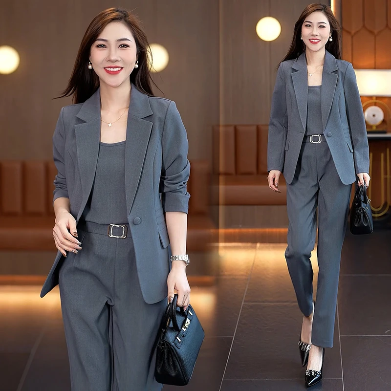 时尚西装套装女2025春秋新款气质显瘦西装外套吊带直筒裤三件套潮