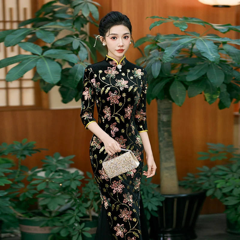 2025新款旗袍高端大气上档次舞台走秀演出服合唱团亮片黑色鱼尾裙