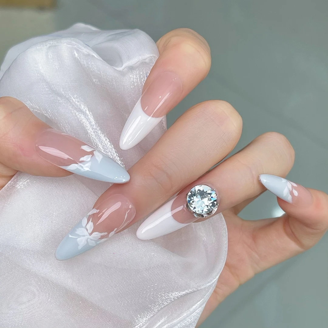 巴仑美【恋蓝】纯手工穿戴甲法式手绘精品穿戴美甲华子美甲