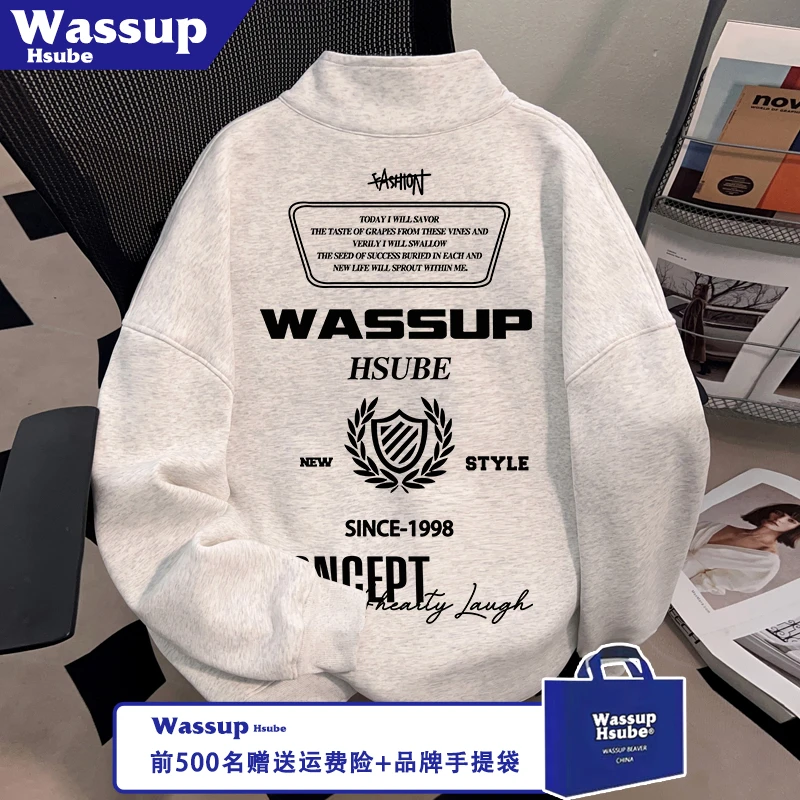 WASSUP HSUBE美式炸街英文印花潮流外套秋季重磅开衫男女拉链卫衣