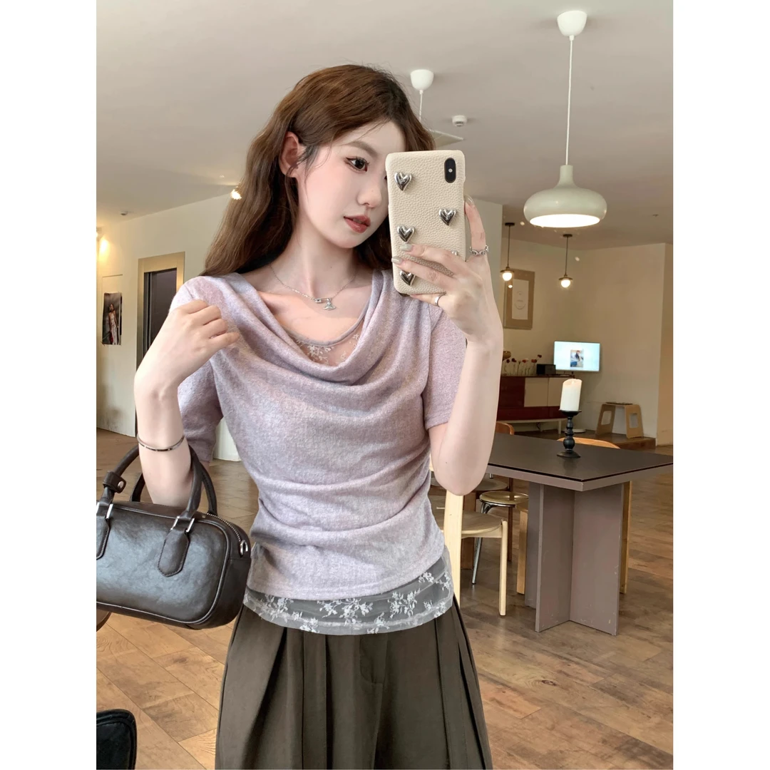 纯欲假两件荡领蕾丝拼接短袖T恤女夏季紫色掐腰修身显瘦正肩上衣